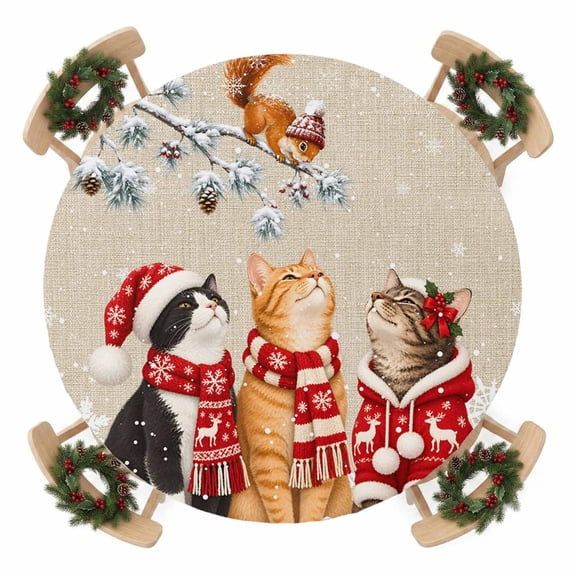 Cat Trio Squirrel Round Fitted Table Cover Christmas Winter Pine Branch Beige Linen Texture Waterproof Table Cloth with Elastic Edge Wipeable Tablecloth for Picnic Camping Party Fits 36"-44" Tables
