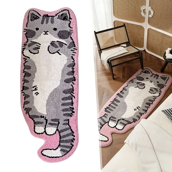 Cat Tufted Rug - 47.2 x 15.7 Inch, Cat Shaped Rug, Irregular Shaped Rugs, Washable Absorbent Non-Slip Animal-shaped Cartoon Room Floor Mat, Soft Bedside Rugs for Bedroom, Cats Doormat, Gray Cat