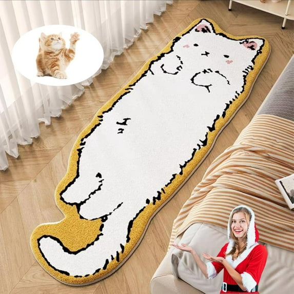 Cat Tufted Rug, Cute Cartoon Cat Shaped Rug, Irregular Shaped, Non-Slip Washable, Soft Bedside Rug for Bedroom, Living Room Decoration (D, 19.68 * 47.24in)