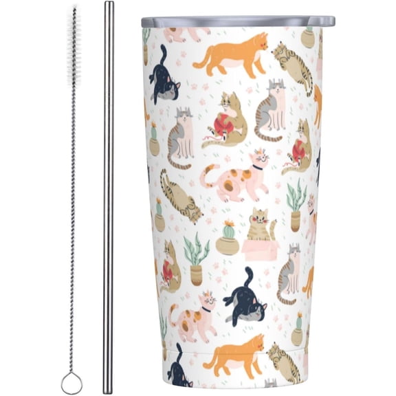 Cat Tumbler 20oz Cute Cats Stainless Steel Insulated Tumblers with Lid and Straw Animal Travel Coffee Mug Tea Wine Cups Water Bottle Cats Gifts for Women Cat Lover