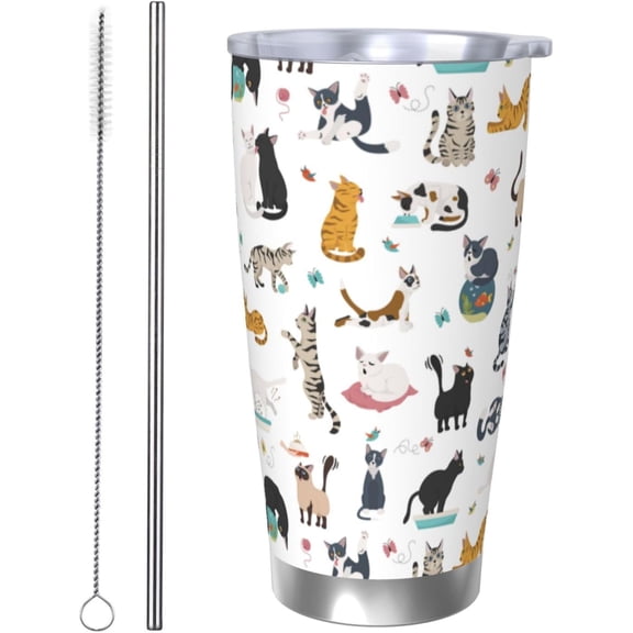 Cat Tumbler 20oz Cute Cats Stainless Steel Insulated Tumblers with Lid and Straw Animal Travel Coffee Mug Wine Tea Cups Water Bottle Cats Gifts for Women Cat Lover
