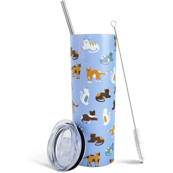 Cat Tumbler, Funny Cat Gifts for Cat Lovers, Cat Travel Mug, Thermal Cup, Blue Tumbler, Cat Lover Gifts for Women, Cute Cat Things Stuff for Cat Lovers, Cat Cup- 20 Oz Cat Insulated Tumbler