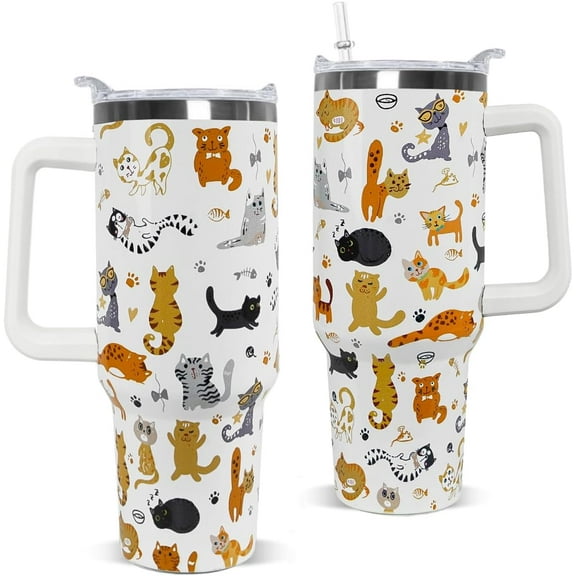 40oz Cat Tumbler with Handle and Straw - Insulated Stainless Steel Travel Mug, Cute Funny Cat Design Water Bottle - Gift for Cat Lovers