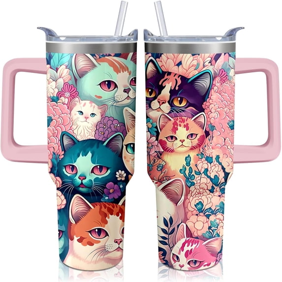 Cat Tumbler with Handle and Straw, 40 oz Cat Stainless Steel Insulated Cup with Lid and Straw,Colorful Travel Coffee Mug Water Bottle, Birthday Mothers Day Gifts for Animal Lovers Women