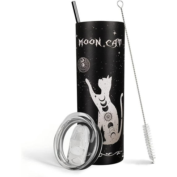 Cat Tumbler with Lid and Straw, Goth Tumbler,Cat Lover Gifts for Women, Black Cat Water bottle Cup, Moon Phase Cat Coffee Mugs, 20 oz Goth Cat Travel Mug Tumbler
