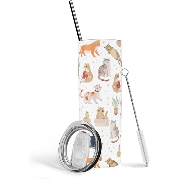 Cat Tumbler With Lid and Straw Stainless Steel 20oz Cat Skinny Tumbler Insulated Cat Cup Water Bottle Coffee Mug Travel Tumbler Cat Lover Gifts for Women