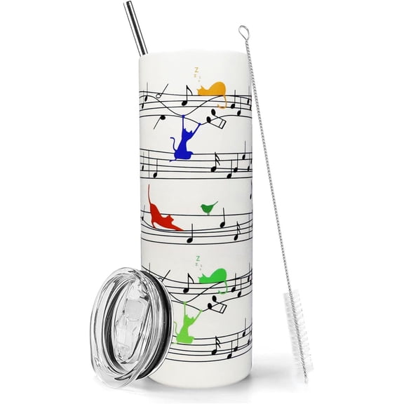 Cat Tumbler with Straw and Lid Vacuum Insulated 20oz Stainless Steel Kitten Tumbler Music Themed Gifts for Women Cat Cup Birthday Present Skinny Music Water Bottle Coffee Cup for Home or Travel