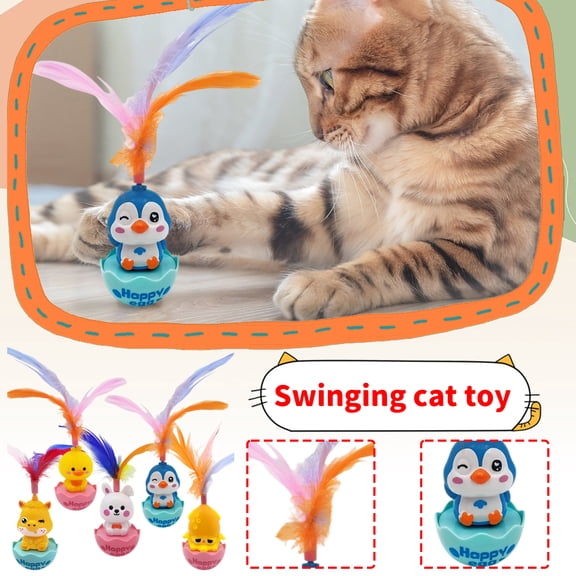 Cat Tumbler Toy With Feathers, Interactive Wobble Teaser - Weighted Base For Self-Righting Wobble, Colorful Feather Toppings To Spark Curiosity, Safe Durable & Soft