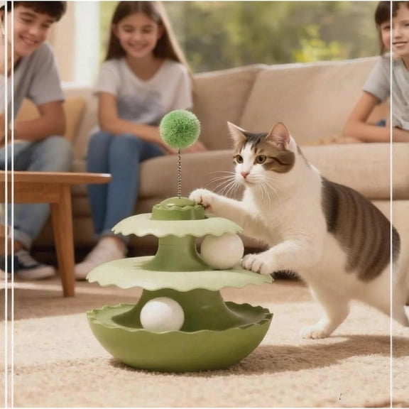 Cat Tumbler Toy Self-righting Wobble Ball - Cat Puzzle Toy, Interactive Spring Feather Ball Pet Toy for Indoor Cats, Energy-burning Entertainment for Small Medium Large Cats, Green