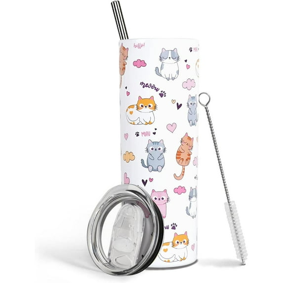 Cat Tumbler With Lid and Straw 20oz Insulated stainless steel skinny TumblerCat Cup Cats Travel Coffee Mug Cat Stuff Perfect Cat Gift for Women Cat Lovers Gifts For Girls Best Cat Mom
