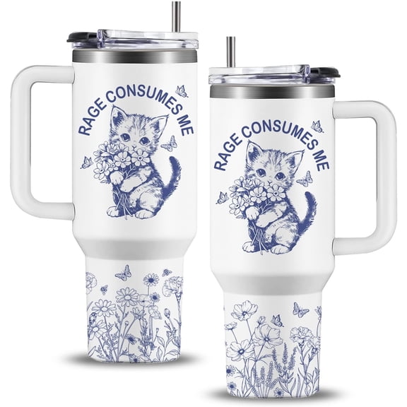 Cat Tumbler With Lid and Straw, Gifts for Cats Lovers, Cat Rage Consumes Me Coffee Cup, Kitten Lovers Gifts for Women Girls Kids Adults 40oz