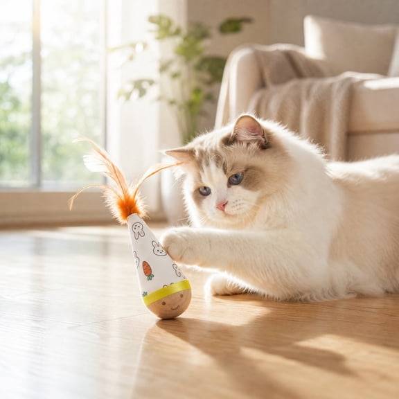 Cat Tumbler Wobble Toy with Orange Feather, Weighted Wooden Base Self-Righting Interactive Teaser Toy, Solo Play Hunting Simulation Toy for Indoor Kittens Adult Cats, Orange