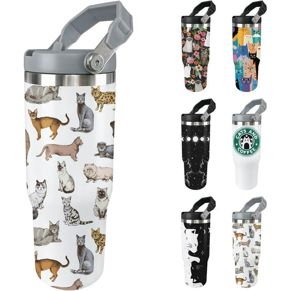 Cat Tumbler with Lid And Straw 30oz Stainless Steel Cute Cat Water Bottle Cup Funny Cat Gifts for Women