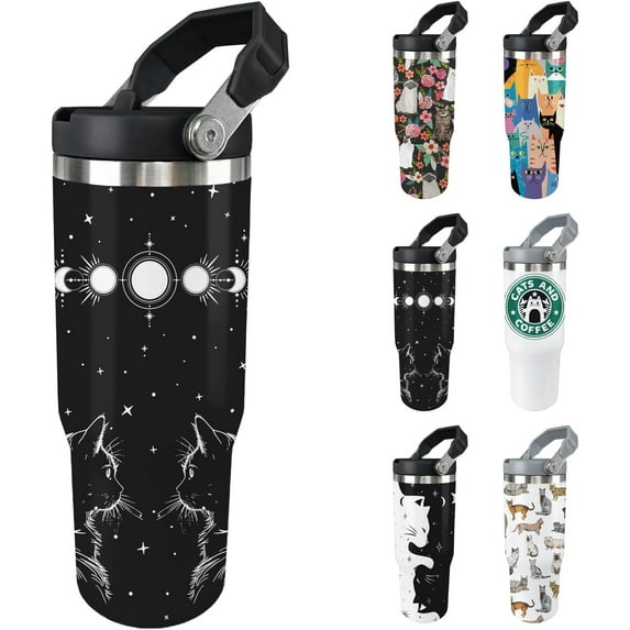 Cat Tumbler with Lid And Straw 30oz Stainless Steel Cute Water Bottle Cup Funny Cat Gifts for Women