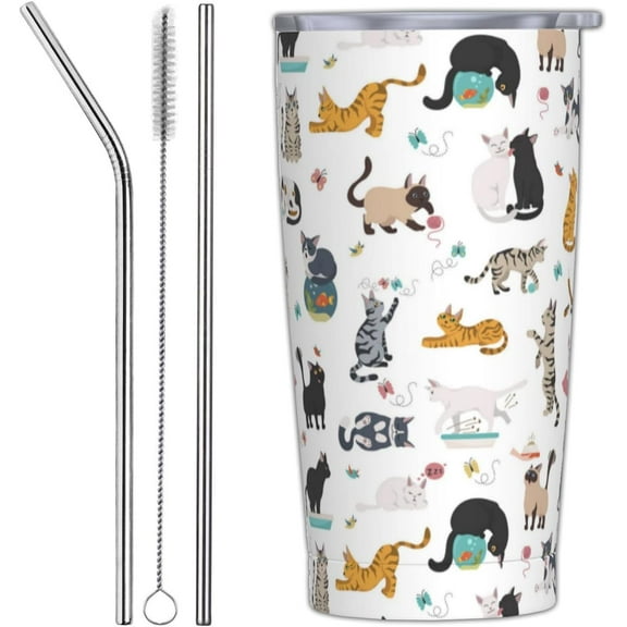 Cat Tumbler with Lid and Straw, 20 Oz Stainless Steel Cups Insulated Water Bottle Coffee Mug Cat Gifts for Cat Lover