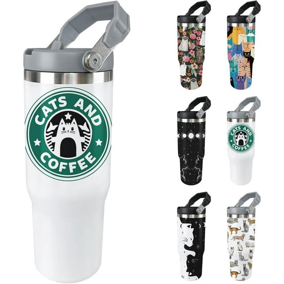 Cat Tumbler with Lid and Straw, 30oz Stainless Steel Cup, Insulated Funny Cat-Themed Gift for Women