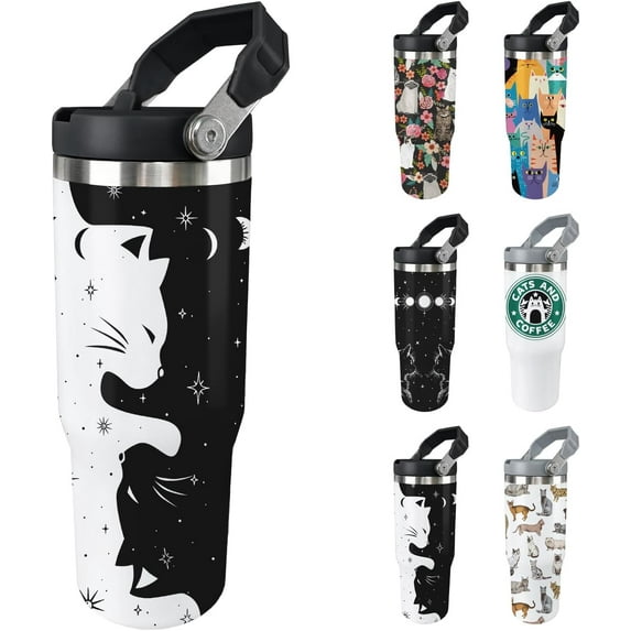 30oz Cat Tumbler with Lid and Straw, Stainless Steel Insulated Water Bottle – Cute Funny Cat-Themed Gift for Women