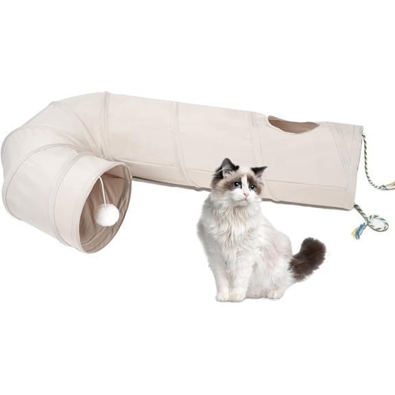 Cat Tunnel, 2-Way Collapsible Cat Tube with Interactive Peek-A-Boo Hole, Toy Ball, and Rope Ideal for Indoor Cats, Kittens, and Rabbits, Beige