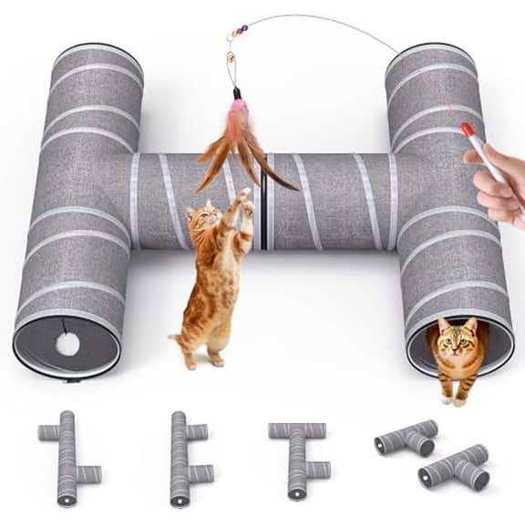 Cat Tunnel 4 Way with Teaser Wand & 2 Plush Ball, 5 Shapes Available, 54/80.7" L, H-Shaped Collapsible Pet Play Tube Maze for Kitten Puppy Bunny Ferret Rabbit, Indoor/Outdoor Peekaboo Cave