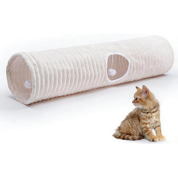 Cat Tunnel,43" Straight Cat Tunnel Toys with Balls for Indoor,Collapsible Peekaboo Cave for Kitten White Stripe