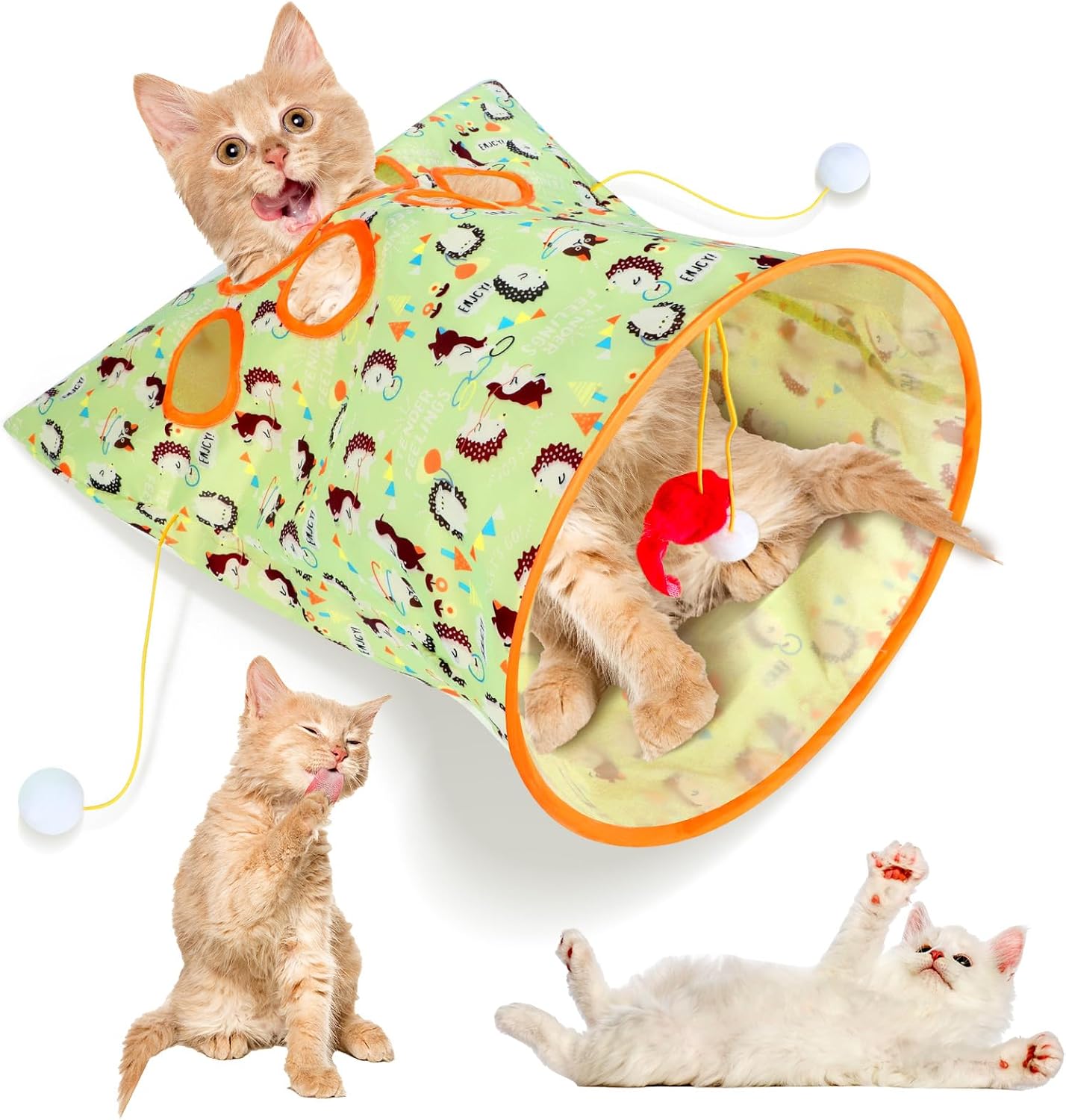 Cat Tunnel Bag with Toy Balls and Mouse, Collapsible Crinkle Sack, Light Green