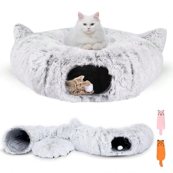 Cat Tunnel Bed With 2 Catnip Toys 32 Diameter Versatile Cat Tunnels For Indoor Cats Cozy Cat Bed Cave Foldable Peekaboo Kitten Hideaway Machine Washable Easy Assembly
