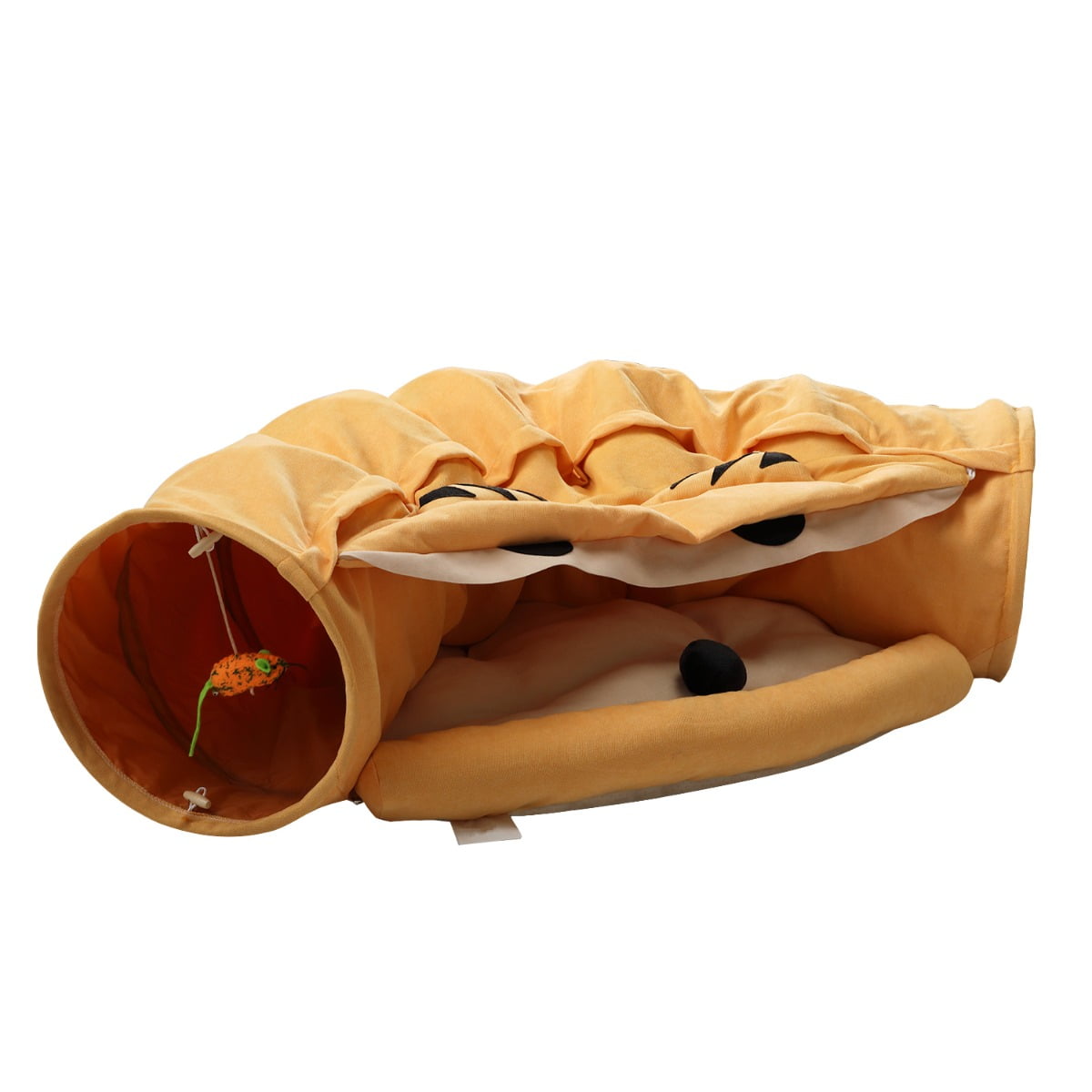 Yellow Foldable Cat Tunnel Bed with Hanging Toys