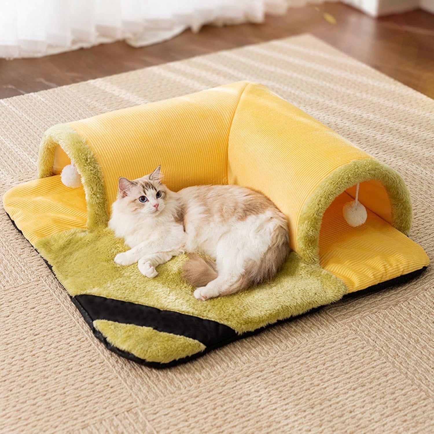 Cat Tunnel Bed,Cat Tunnel Bed for Indoor Cats,2 in 1 Cat Bed Play Tunnel Cats Play Mat,Hanging Toy Balls,Cats Activity Center,Detachable & Washable, Great Gift for Small Pets