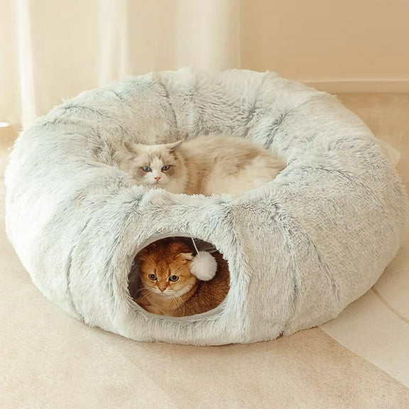 Cat Tunnel Bed - Fluffy Cat Bed Cave with Collapsible Tunnel and Washable Mat; Multifunctional Cat Toys with Hanging Balls for Indoor Small Medium Large Cats Grey