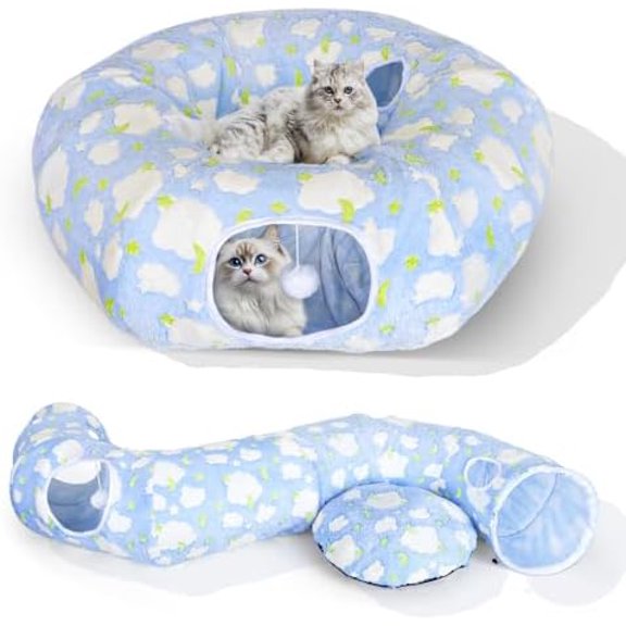 Cat Tunnel Bed, Foldable Cat Donut Tunnel with Removable Cushion, Toy Ball & Social Windows, Stress Relief Fun, Round Pet Play Tunnel for Indoor Cats, Kittens and Small Pets (3D Cloud Pattern)