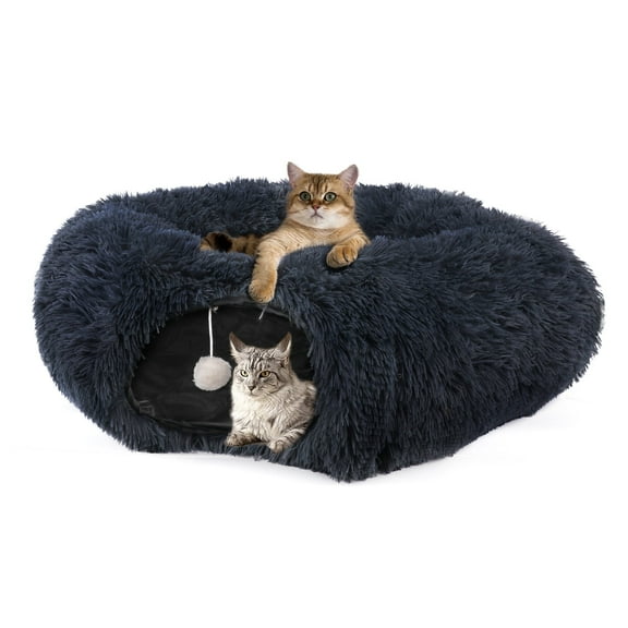Cat Tunnel Bed, Foldable Cat Donut Tunnel with Fluffy Toy Balls and Washable Pads, Multifunctional Cat Toys, 35.4" Round, 10.5" Wide Inside