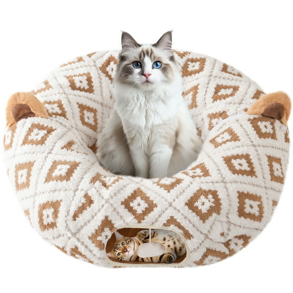 Cat Tunnel Bed for Indoor Cats, Cat Donut Tunnel with Washable Cushion, Peekaboo Cat Cave Toy, Multifunctional Playground Toys for Kittens, Rabbit, Brown Jacquard Pattern