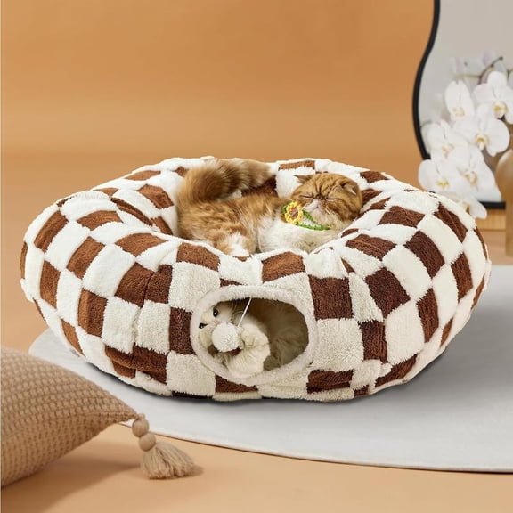 Cat Tunnel Bed for Indoor Cats - Cute Cat Donut Tunnel with Washable Circle Cushion, Round Pet Play Tunnel Toy for