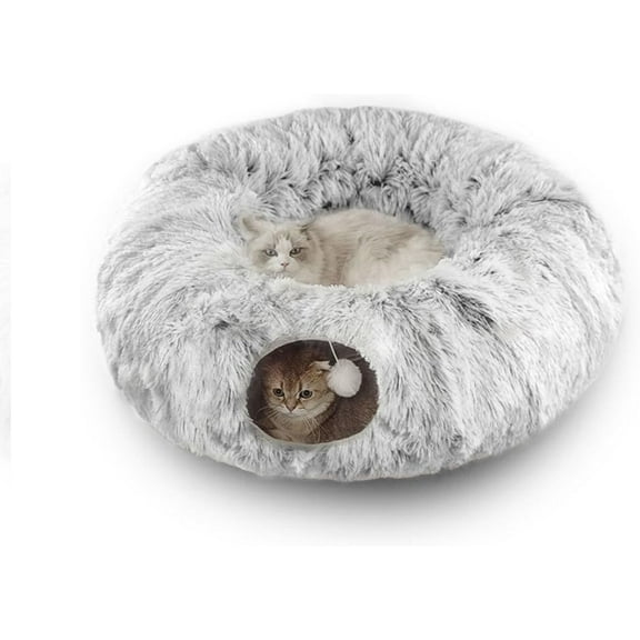 Cat Tunnel Bed for Indoor Cats, with Detachable Soft Mat, Fluffy Plush Central Cat Couch, Hanging Toy, Multifunctional Plush Cattasaurus Peekaboo Cave for Small, Medium, Large Cats, Rabbit