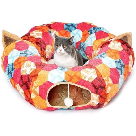 Cat Tunnel Bed for Indoor Cats - Large Cat Donut Tunnel with Hanging Ball Toy, Collapsible 2-in-1 Multifunctional Interactive Cat Toy for Kitten, Puppy, Rabbit, Ferret (Orange)