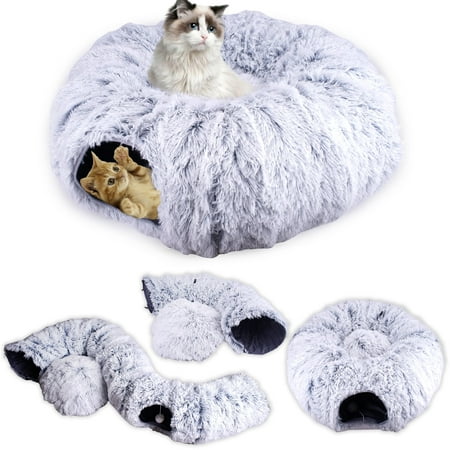 Cat Tunnel Bed for Indoor Cats,Large cat Donut Tunnel 3 Forms Peekaboo cat cave with Washable Cushion Multifunctional Cat Toys for Cats Rabbit, Ferret,Cat Bed + Cat Tunnel+Cat Toys
