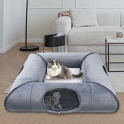 Cat Tunnel Bed for Multiple Kittens and Rabbits, Foldable Indoor Peekaboo Pet Cave, Sturdy and Scratch Resistant, Removable and Washable Soft Cushion - Cat Interactive Toys (Gray, with Door)