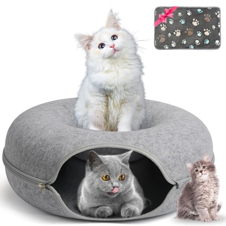 Cat Tunnel Bed,Peekaboo Cat Cave,Detachable Tunnels for Indoor Cats,Cat Tunnel Toy,Felt Round Cat Bed Suitable for The Rabbits and Small Guinea Pigs(20inch,Light Grey,Cat up to 8 lbs)