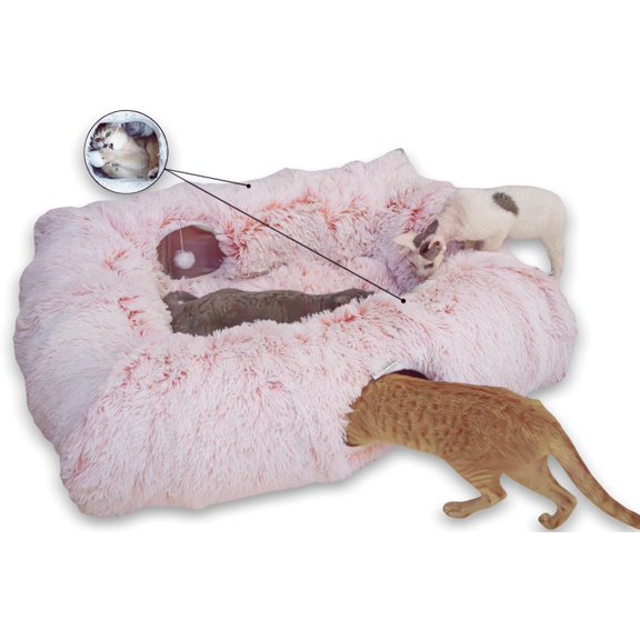 Cat Tunnel Bed Pinkish White Plush Indoor Pet Play and Sleep Space