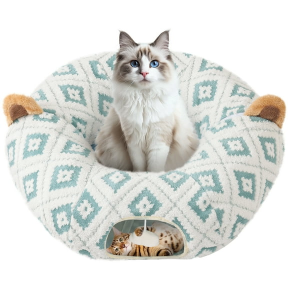 Cat Tunnel Bed with Soft Cushion, Cat Donut Tunnels for Indoor Cats, Peekaboo Cat Cave Toy, Multifunctional Playground Toys for Kittens, Rabbit, Blue Jacquard Pattern