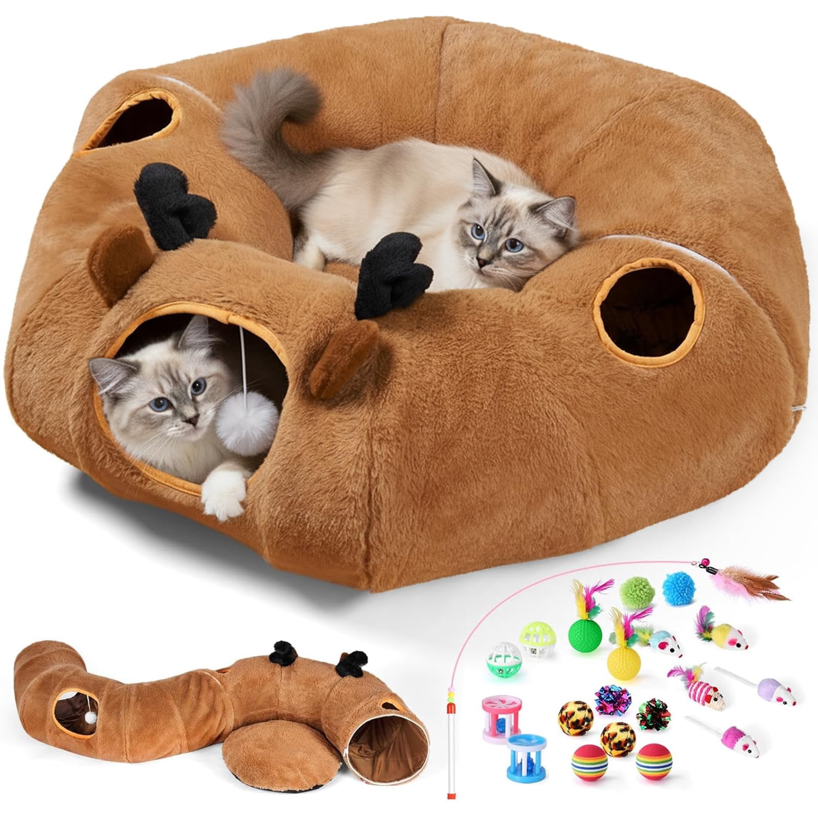Cat Tunnel Bed With 20 Interactive Toys  3-in-1 Diy Collapsible Plush Tube Washable Mat Large Indoor Play Cave For Kittens And Small Animals