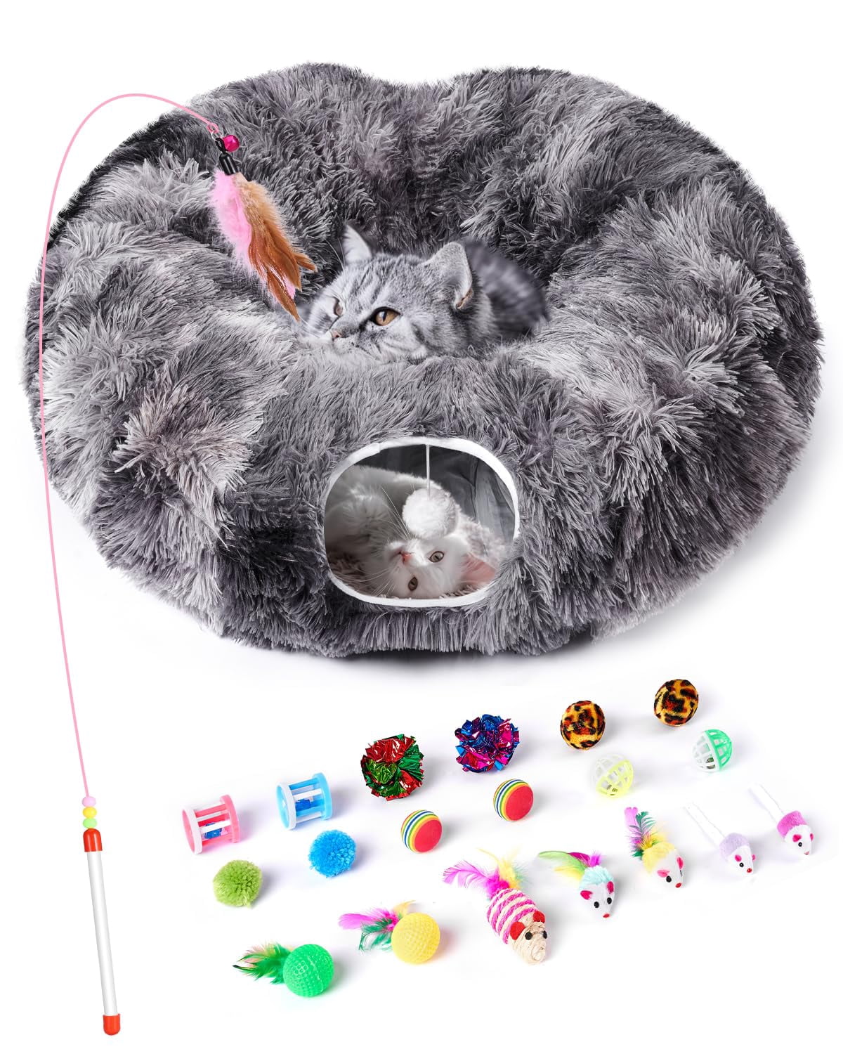 Cat Tunnel Bed With 20 Interactive Toys  3-in-1 Diy Collapsible Plush Tube Washable Mat Large Indoor Play Cave For Kittens And Small Animals