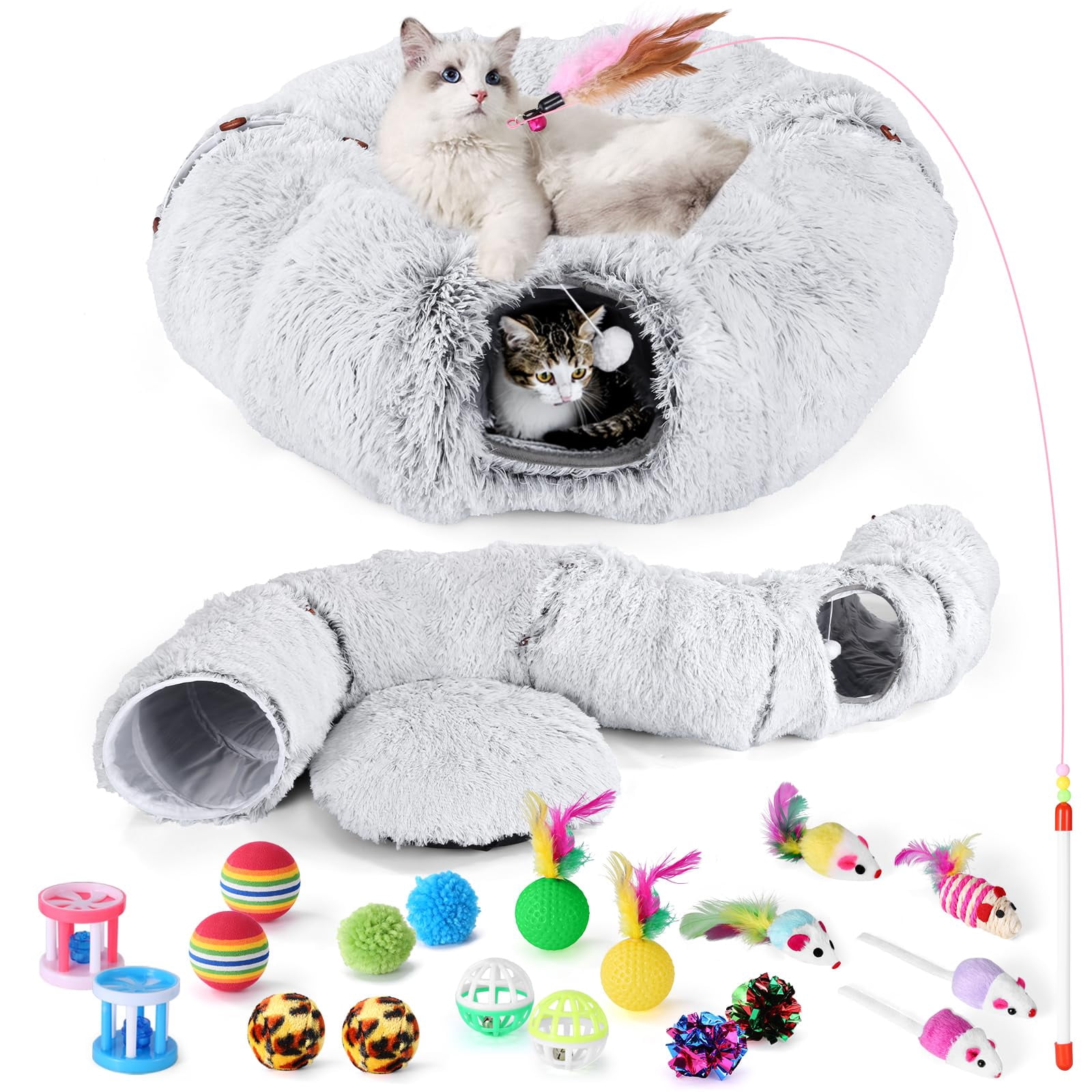 Cat Tunnel Bed With 20 Interactive Toys  3-in-1 Diy Collapsible Plush Tube Washable Mat Large Indoor Play Cave For Kittens And Small Animals