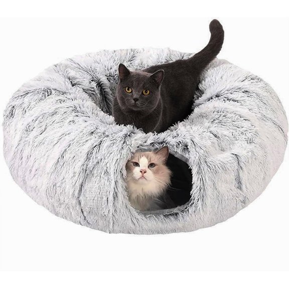 Cat Tunnel Bed for Indoor Cats - Cute Cat Donut Tunnel with Washable Circle Cushion, Round Pet Play Toy for Kitten/Puppy/Rabbit, Grey