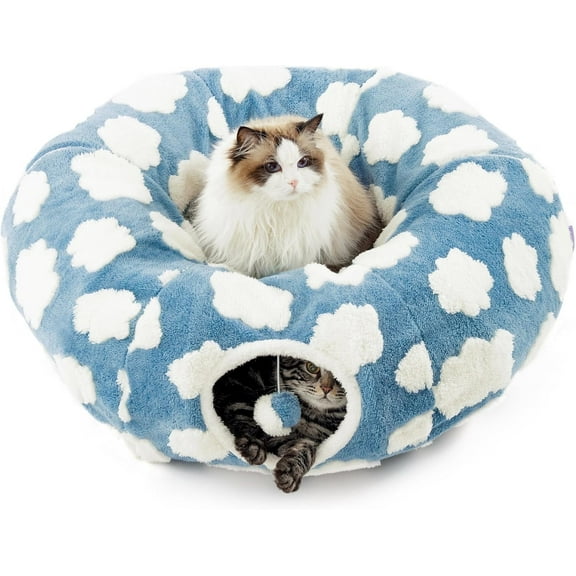 Cat Tunnel Bed for Indoor, Soft Plush Cat Donut Tunnel with Circle Mat, for Kitten Puppy Rabbit, Blue