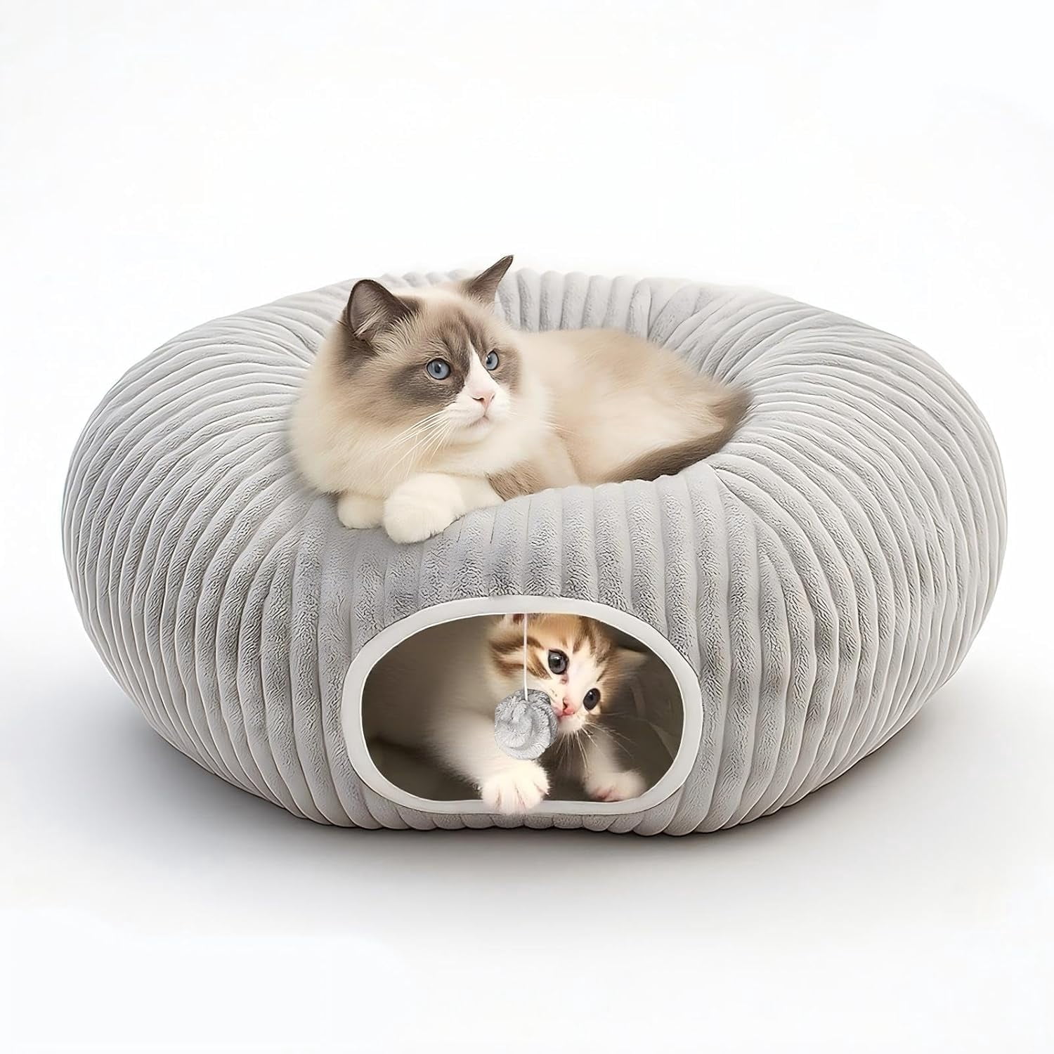 Cat Tunnel Bed for Indoor Cats, Peekaboo Cat Cave Bed,Soft Cat Donut Tunnel for Kitten Large Cats, Grey