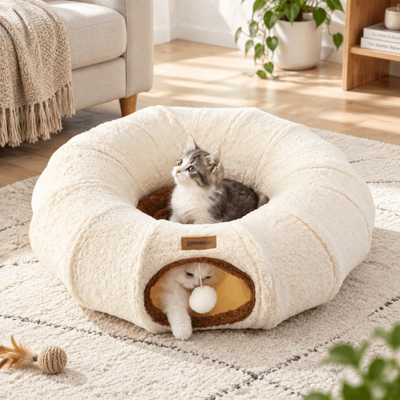 Cat Tunnel Bed for Indoor Cats, Peekaboo Pet Cave with Interactive Balls, Beige Standard