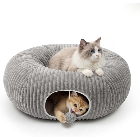 Cat Tunnel Bed with 40 Pcs Interactive Cat Toys, Cat Tube with Kitten Toys for Indoor Kittens, Collapsible Play Tunnel, White