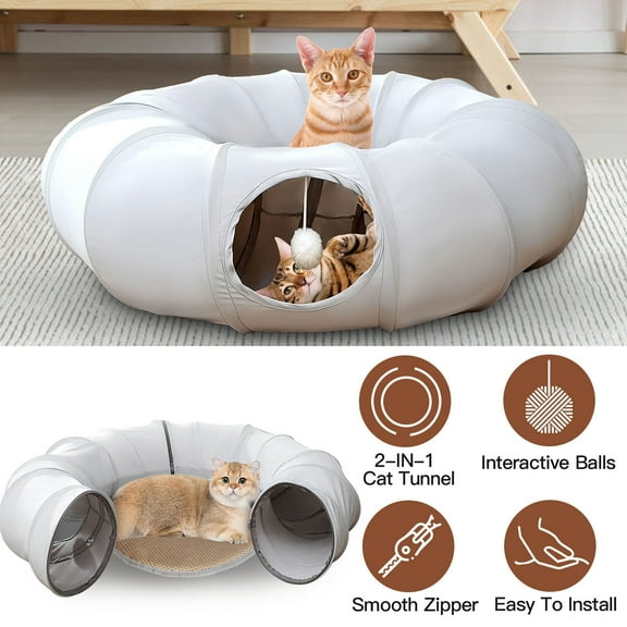 Cat Tunnel Bed with Soft Cushion, Big Tube Playground Toys for Cats, Dogs, Gray