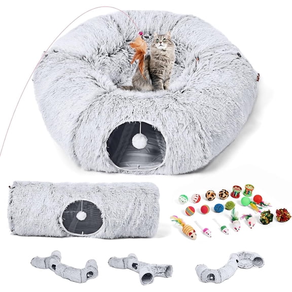 Cat Tunnel Bed with Straight Tunnel and 20 Toys for Indoor Cats